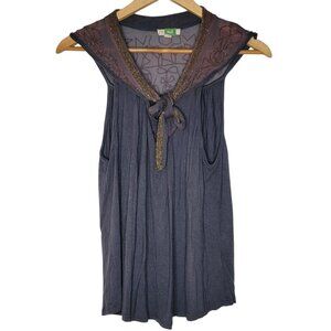 Ett:twa Anthropologie Small Gray / Red Beaded Embellished Tie Front‎ Tank Top S